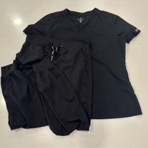 Women’s black Medcouture scrubs- top: L, bottoms: M